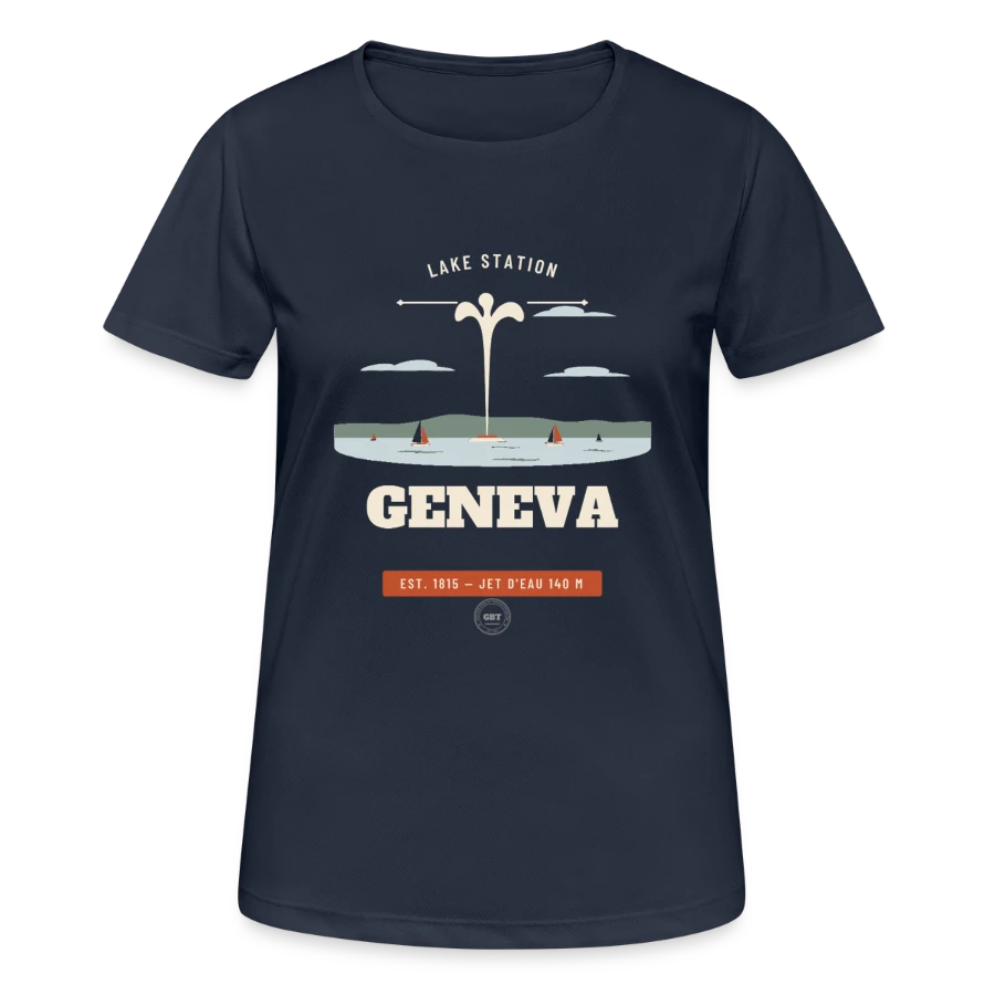 Geneva badge on a women's breathable t-shirt, dark navy