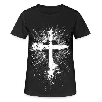 White cross with paint splatter - Women's Breathable T-Shirt - black - Front - AI Model Female 172 light (172cm)