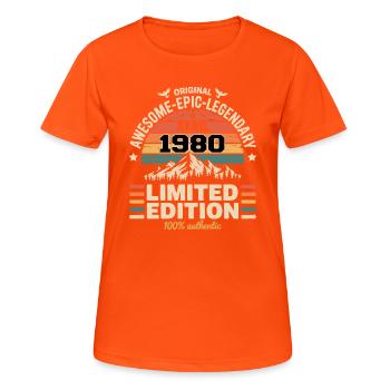 Jubiläumsjahrgang April 1980 - Frauen T-Shirt atmungsaktiv - Neonorange - Vorne - AI Model Female 172 dark (172cm)