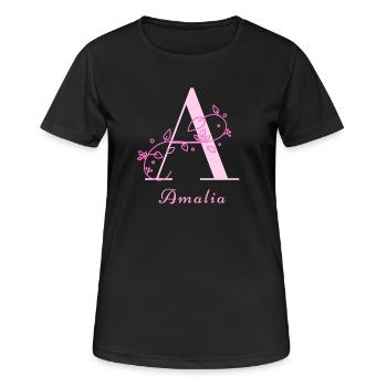 AMALIA Namensshirt Blumen Buchstabe Damen - Frauen T-Shirt atmungsaktiv - Schwarz - Vorne - AI Model Female 172 light (172cm)