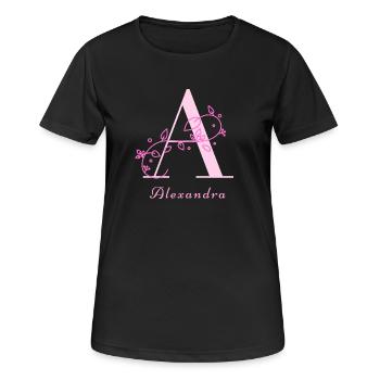 ALEXANDRA Namensshirt Blumen Buchstabe Damen - Frauen T-Shirt atmungsaktiv - Schwarz - Vorne - AI Model Female 172 light (172cm)