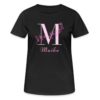 MAIKE Namensshirt Blumen Buchstabe Damen - Frauen T-Shirt atmungsaktiv - Schwarz - Vorne - AI Model Female 172 light (172cm)