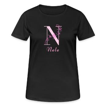 NELE Namensshirt Blumen Buchstabe Damen - Frauen T-Shirt atmungsaktiv - Schwarz - Vorne - AI Model Female 172 light (172cm)