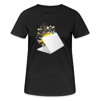 Ein halb geöffneter Laptop mit vielen Symbolen - Frauen T-Shirt atmungsaktiv - Schwarz - Vorne - AI Model Female 172 light (172cm)