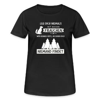 Leg dich nie mit Frauchen an Spruch Lustig - Frauen T-Shirt atmungsaktiv - Schwarz - Vorne - AI Model Female 172 light (172cm)