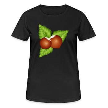 zwei leuchtend braune Haselnüsse mit Blätter - Frauen T-Shirt atmungsaktiv - Schwarz - Vorne - AI Model Female 172 light (172cm)