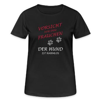 Vorsicht vor dem Frauchen, der Hund ist harmlos - Frauen T-Shirt atmungsaktiv - Schwarz - Vorne - AI Model Female 172 light (172cm)