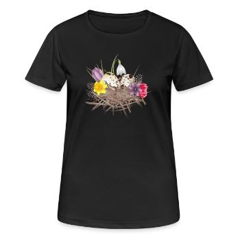 Frühlings Nest mit Eier,Federn und Frühlingsblüten - Frauen T-Shirt atmungsaktiv - Schwarz - Vorne - AI Model Female 172 light (172cm)