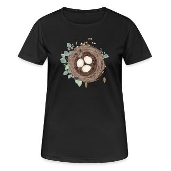 Nid d’oiseau ou nid de Pâques avec trois œufs et plumes - T-shirt respirant Femme - noir - Devant - AI Model Female 172 light (172cm)