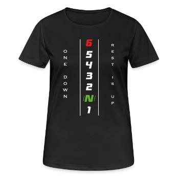 Motorcycle gear shift 1N23456 - ONE DOWN REST UP - Women's Breathable T-Shirt - black - Front - AI Model Female 172 light (172cm)