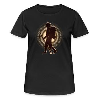 Pilgrim or hiker with walking stick & backpack - Women's Breathable T-Shirt - black - Front - AI Model Female 172 light (172cm)