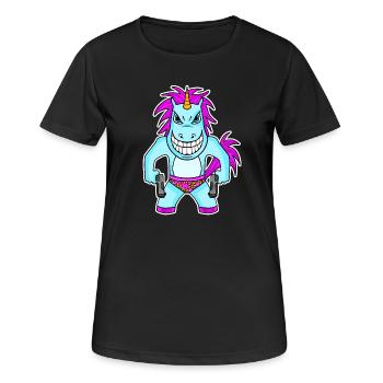 Licorne avec pistolet - T-shirt respirant Femme - noir - Devant - AI Model Female 172 light (172cm)