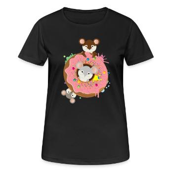 drei putzige Mäuse und ein Donut mit rosa Glasur - Frauen T-Shirt atmungsaktiv - Schwarz - Vorne - AI Model Female 172 light (172cm)