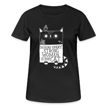 Behind every strong woman is her cat! Girlpower - Frauen T-Shirt atmungsaktiv - Schwarz - Vorne - AI Model Female 172 light (172cm)