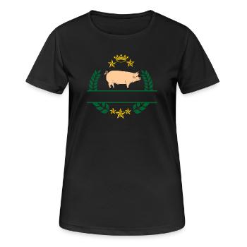 Schwein im grünen Lorbeerkranz mit goldgelber Krone - Frauen T-Shirt atmungsaktiv - Schwarz - Vorne - AI Model Female 172 light (172cm)
