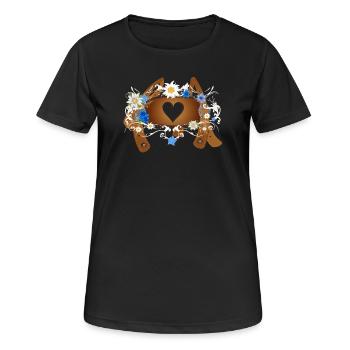 Crossbar with heart on suspenders of leather pants - Women's Breathable T-Shirt - black - Front - AI Model Female 172 light (172cm)