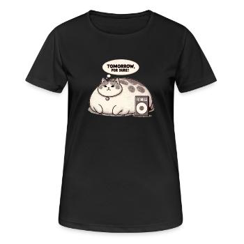 Fitnessmuffel Katze - Frauen T-Shirt atmungsaktiv - Schwarz - Vorne - AI Model Female 172 light (172cm)