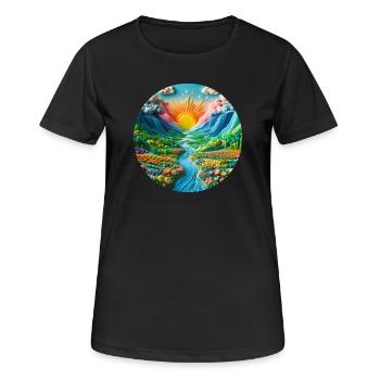 Landschaft bunt mit Sonne Berge und See aus Knete - Frauen T-Shirt atmungsaktiv - Schwarz - Vorne - AI Model Female 172 light (172cm)