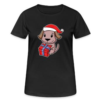 Hund mit Weihnachtsmütze und Weihnachtsgeschenk - Frauen T-Shirt atmungsaktiv - Schwarz - Vorne - AI Model Female 172 light (172cm)