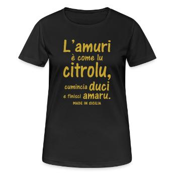 t-shirt Sicilia proverbio siciliano amuri citrolu - Maglietta da donna traspirante - nero - Fronte - AI Model Female 172 light (172cm)