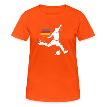 Fußball Deutschland Spieler Team Explosion EM 2024 - Frauen T-Shirt atmungsaktiv - Neonorange - Vorne - AI Model Female 172 dark (172cm)