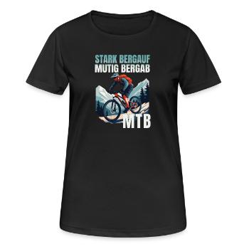 MTB: Stark bergauf - Mutig bergab - Frauen T-Shirt atmungsaktiv - Schwarz - Vorne - AI Model Female 172 light (172cm)