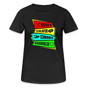 Essen Schlafen Schwimmen wiederholen - Frauen T-Shirt atmungsaktiv - Schwarz - Vorne - AI Model Female 172 light (172cm)