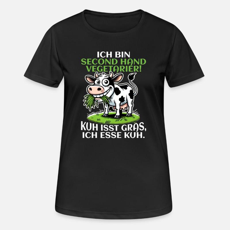 Ich bin Second Hand Vegetarier - Kuh Meme - Frauen T-Shirt atmungsaktiv - Schwarz