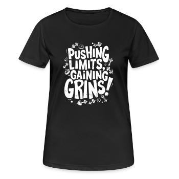 Grenzen überschreiten, Grinsen ernten! Gym Motivation Zitat - Frauen T-Shirt atmungsaktiv - Schwarz - Vorne - AI Model Female 172 light (172cm)