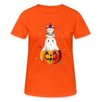 Eule und Geist auf dem Kürbis – Halloween-Motiv - Frauen T-Shirt atmungsaktiv - Neonorange - Vorne - AI Model Female 172 dark (172cm)