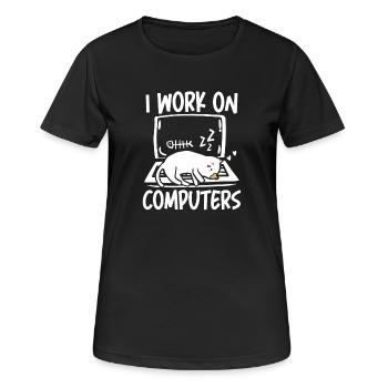 I work on computers - Frauen T-Shirt atmungsaktiv - Schwarz - Vorne - AI Model Female 172 light (172cm)