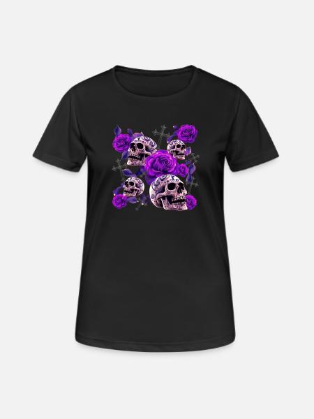 Violette Schädelrosen Tattoo - Frauen T-Shirt atmungsaktiv - Schwarz