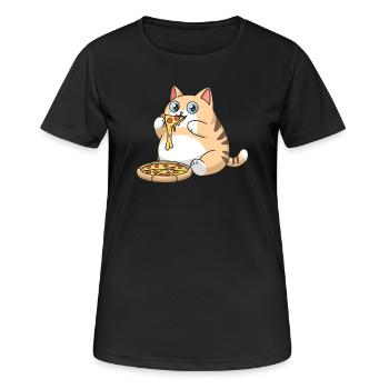 Cute Chubby Cat Eating Pizza - Women's Breathable T-Shirt - black - Front - AI Model Female 172 light (172cm)