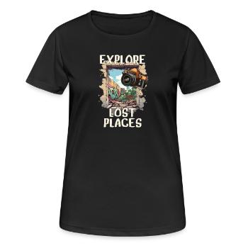 Explore Lost Places - Frauen T-Shirt atmungsaktiv - Schwarz - Vorne - AI Model Female 172 light (172cm)