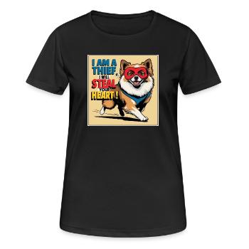 Pomeranian Dog "I am a thief" - Women's Breathable T-Shirt - black - Front - AI Model Female 172 light (172cm)