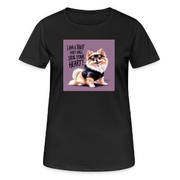Pomeranian Dog "I am a thief" - Women's Breathable T-Shirt - black - Front - AI Model Female 172 light (172cm)