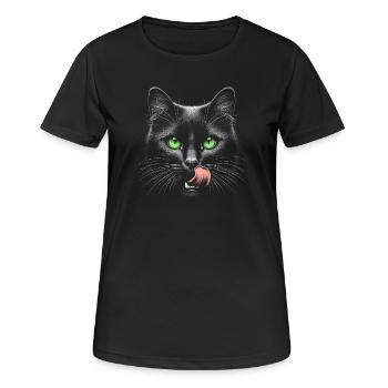 Cat with green eyes and tongue sticking out - Women's Breathable T-Shirt - black - Front - AI Model Female 172 light (172cm)