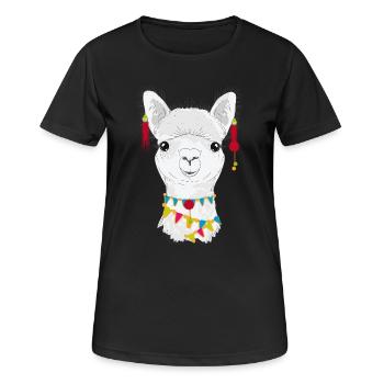 Colourfully decorated alpaca – charming animal motif - Women's Breathable T-Shirt - black - Front - AI Model Female 172 light (172cm)