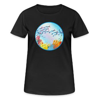 Schwarm bunter Fische im Korallenriff - Frauen T-Shirt atmungsaktiv - Schwarz - Vorne - AI Model Female 172 light (172cm)
