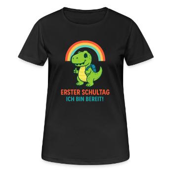 Erster Schultag | Dino mit Ranzen & Regenbogen - Frauen T-Shirt atmungsaktiv - Schwarz - Vorne - AI Model Female 172 light (172cm)