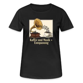 Kaffee und Musik = Entspannung - Frauen T-Shirt atmungsaktiv - Schwarz - Vorne - AI Model Female 172 light (172cm)