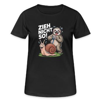 Witziges Faultier mit Schnecke Zieh nicht so - Frauen T-Shirt atmungsaktiv - Schwarz - Vorne - AI Model Female 172 light (172cm)