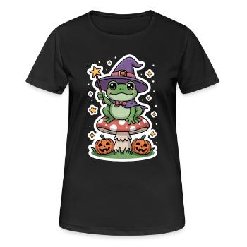 Grenouille sorcière d'Halloween sur amanite tue-mouches avec citrouille - T-shirt respirant Femme - noir - Devant - AI Model Female 172 light (172cm)