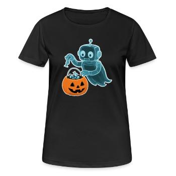 Gespenstischer Minibot mit Kürbiskorb - Frauen T-Shirt atmungsaktiv - Schwarz - Vorne - AI Model Female 172 light (172cm)
