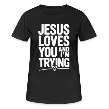 Jesus liebt dich und ich versuche es - Frauen T-Shirt atmungsaktiv - Schwarz - Vorne - AI Model Female 172 light (172cm)