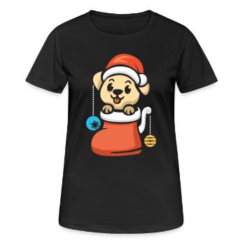 Weihnachtswelpe mit Schmuck im Stiefel - Frauen T-Shirt atmungsaktiv - Schwarz - Vorne - AI Model Female 172 light (172cm)