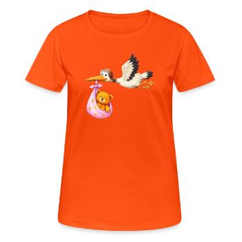Petite fille cigogne avec cadeau en nounours en tissu - T-shirt respirant Femme - orange néon - Devant - AI Model Female 172 dark (172cm)