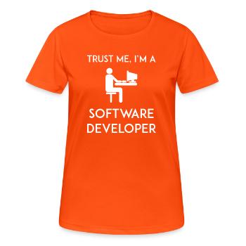 Vertrau mir, ich bin Softwareentwickler - Frauen T-Shirt atmungsaktiv - Neonorange - Vorne - AI Model Female 172 dark (172cm)