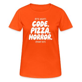 Byte Nights: Code Pizza Horror - Women's Breathable T-Shirt - neon orange - Front - AI Model Female 172 dark (172cm)
