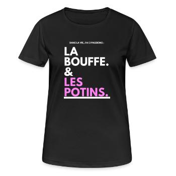 Bouffe et Potins Typo Noir Rose - T-shirt respirant Femme - noir - Devant - AI Model Female 172 light (172cm)